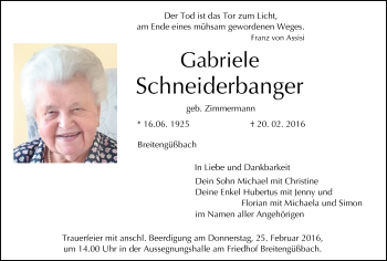 Anzeige von Gabriele Schneiderbanger von MGO