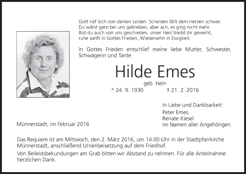 Traueranzeige für Hilde Emes vom 27.02.2016 aus MGO