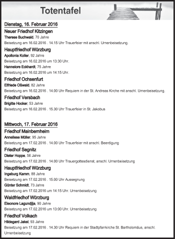 Anzeige von Totentafel vom 16.02.2016 von MGO