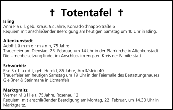 Anzeige von Totentafel vom 20.02.2016 von MGO