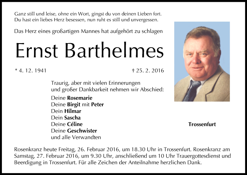  Traueranzeige für Ernst Barthelmes vom 26.02.2016 aus MGO