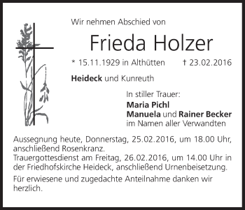 Anzeige von Frieda Holzer von MGO