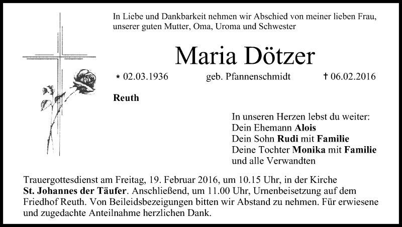  Traueranzeige für Maria Dötzer vom 18.02.2016 aus MGO