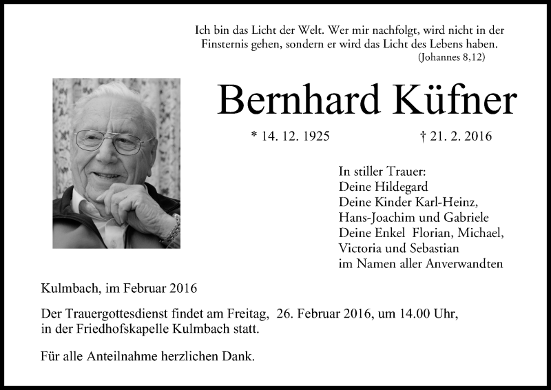  Traueranzeige für Bernhard Küfner vom 24.02.2016 aus MGO
