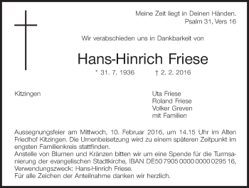 Anzeige von Hans-Hinrich Friese von MGO