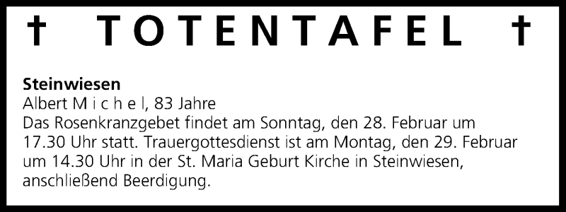  Traueranzeige für Totentafel vom 27.02.2016 vom 27.02.2016 aus MGO