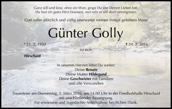 Anzeige von Günter Golly von MGO
