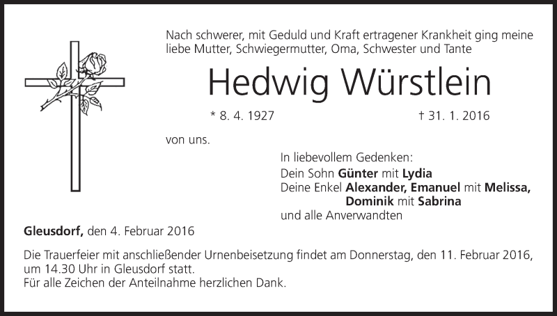  Traueranzeige für Hedwig Würstlein vom 04.02.2016 aus MGO