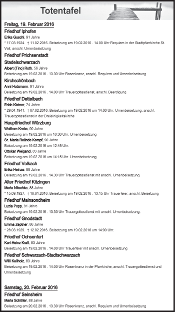 Anzeige von Totentafel vom 19.02.2016 von MGO