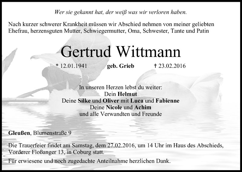  Traueranzeige für Gertrud Wittmann vom 25.02.2016 aus MGO