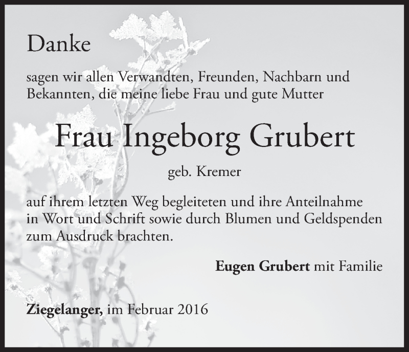  Traueranzeige für Ingeborg Grubert vom 13.02.2016 aus MGO