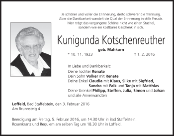 Anzeige von Kunigunda Kotschenreuther von MGO
