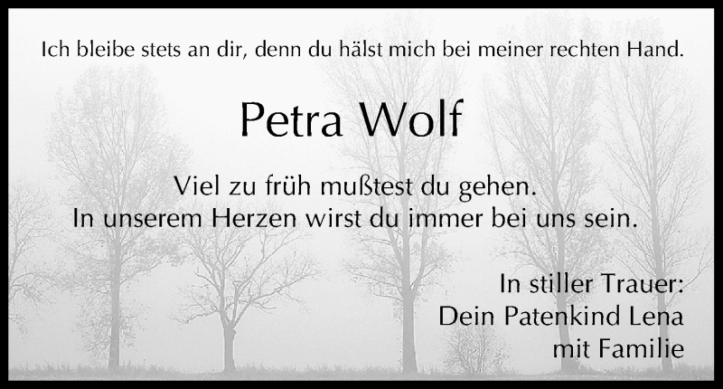  Traueranzeige für Petra Wolf vom 05.02.2016 aus MGO