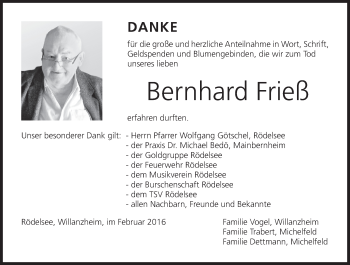 Anzeige von Bernhard Frieß von MGO
