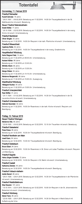 Anzeige von Totentafel vom 11.02.2016 von MGO