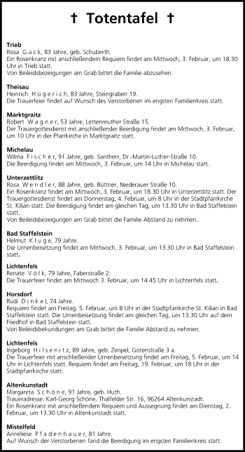 Anzeige von Totentafel vom 02.02.2016 von MGO