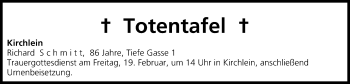 Anzeige von Totentafel vom 18.02.2016 von MGO