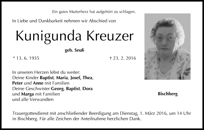  Traueranzeige für Kunigunda Kreuzer vom 25.02.2016 aus MGO