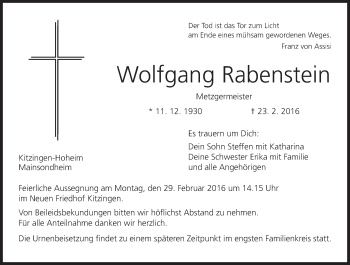 Anzeige von Wolfgang Rabenstein von MGO