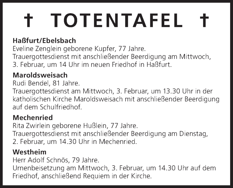  Traueranzeige für Totentafel vom 02.02.2016 vom 02.02.2016 aus MGO