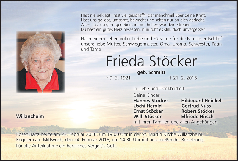  Traueranzeige für Frieda Stöcker vom 23.02.2016 aus MGO