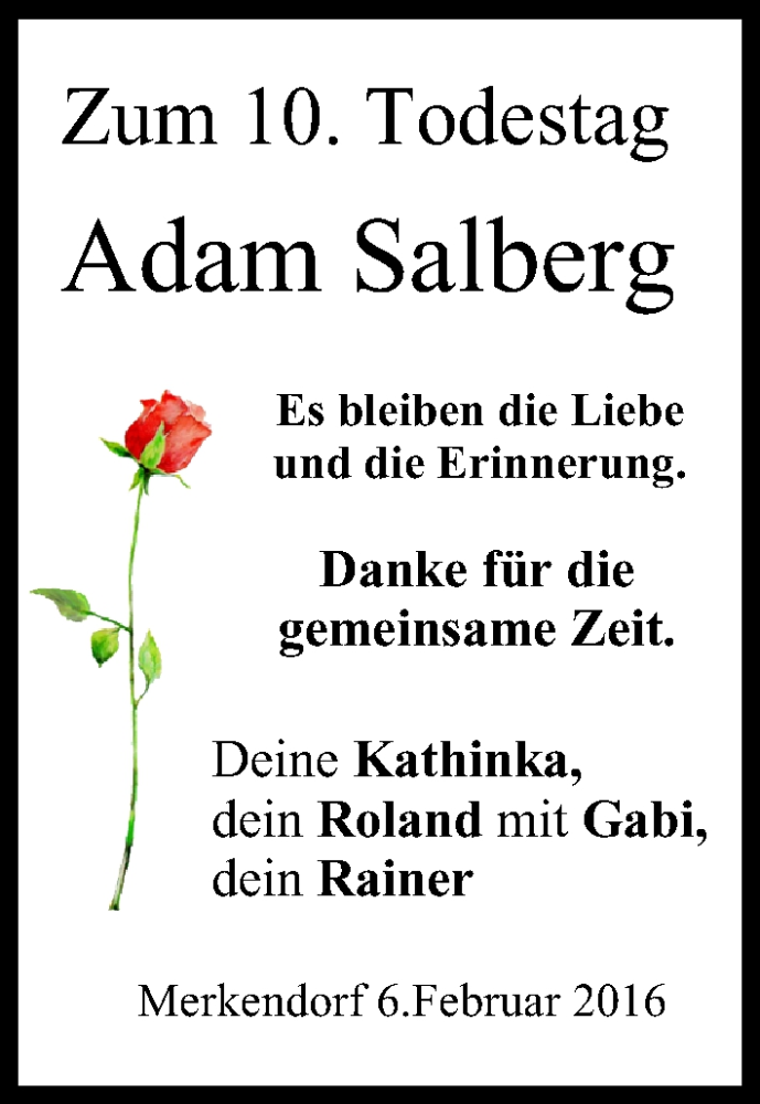  Traueranzeige für Adam Salberg vom 06.02.2016 aus MGO