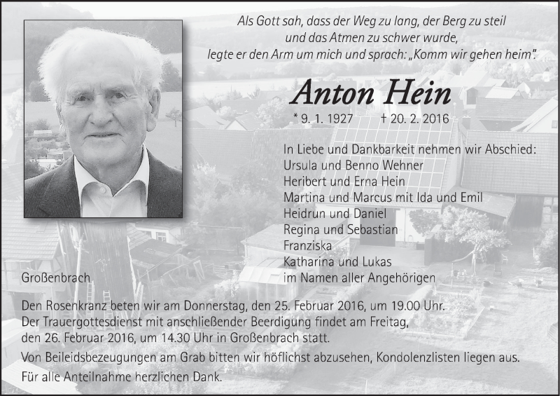  Traueranzeige für Anton Hein vom 23.02.2016 aus MGO