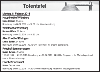 Anzeige von Totentafel vom 08.02.2016 von MGO