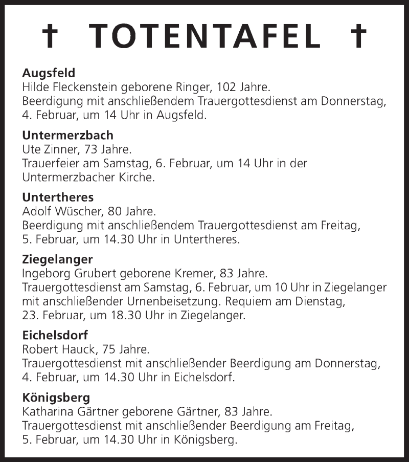 Traueranzeige für Totentafel vom 04.02.2016 vom 04.02.2016 aus MGO