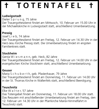 Anzeige von Totentafel vom 10.02.2016 von MGO
