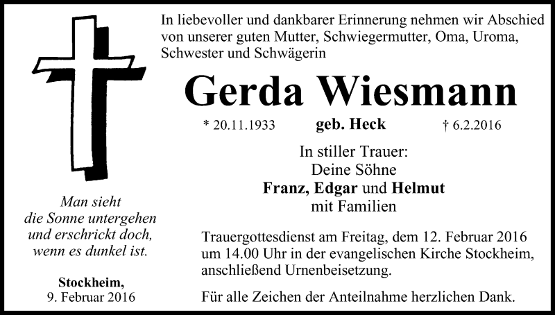  Traueranzeige für Gerda Wiesmann vom 09.02.2016 aus MGO