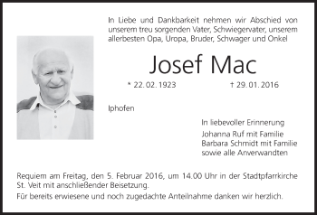 Anzeige von Josef Mac von MGO