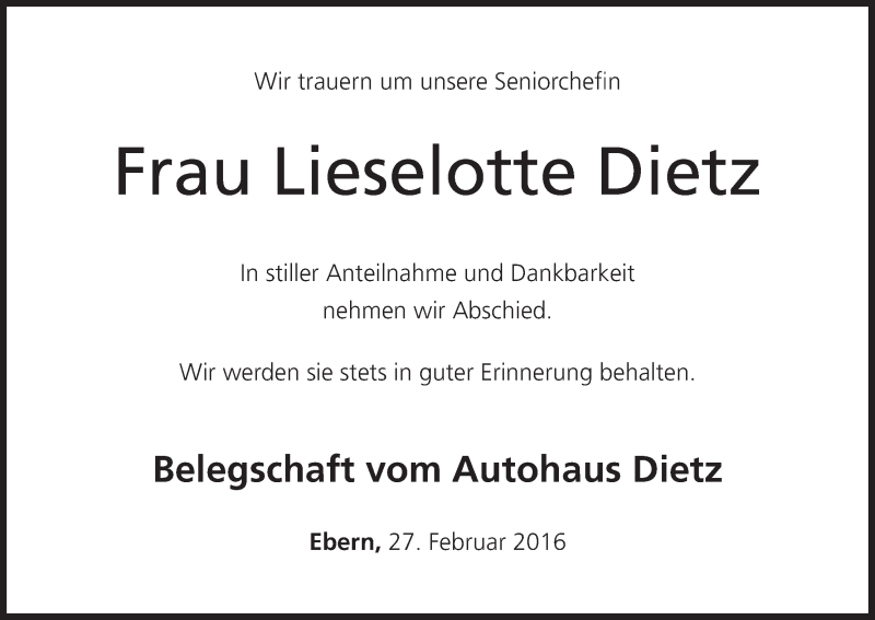  Traueranzeige für Lieselotte Dietz vom 27.02.2016 aus MGO