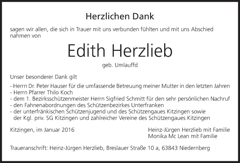  Traueranzeige für Edith Herzlieb vom 11.02.2016 aus MGO