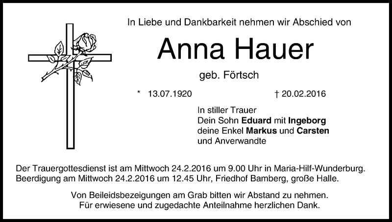  Traueranzeige für Anna Hauer vom 23.02.2016 aus MGO