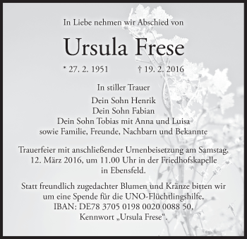 Anzeige von Ursula Frese von MGO