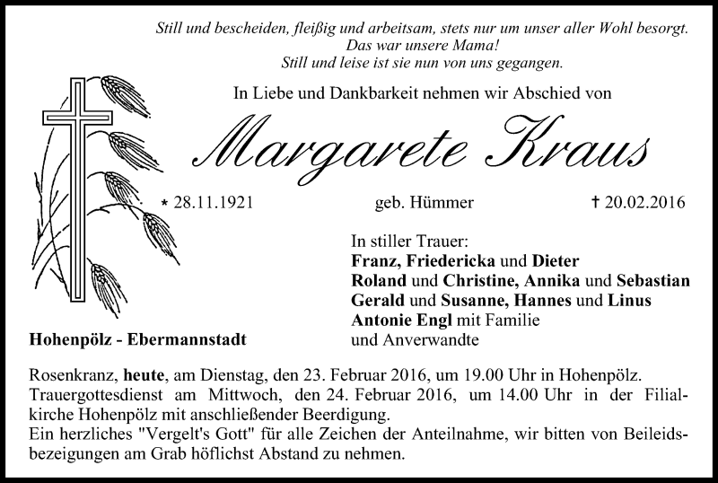  Traueranzeige für Margarete Kraus vom 23.02.2016 aus MGO