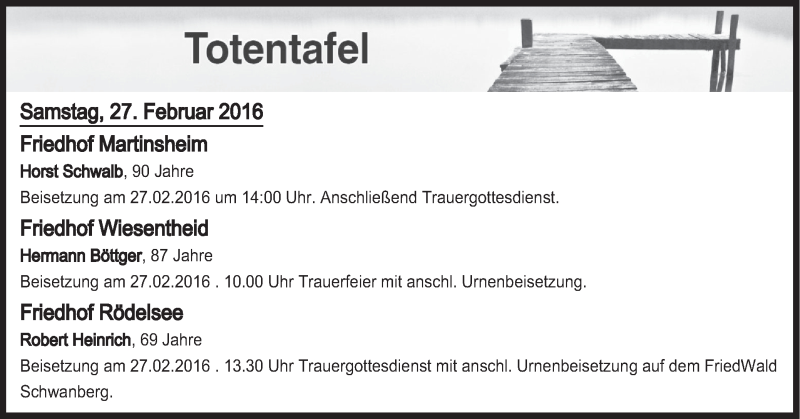  Traueranzeige für Totentafel vom 27.02.2016 vom 27.02.2016 aus MGO