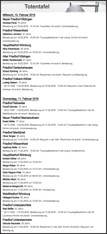 Anzeige von Totentafel vom 10.02.2016 von MGO