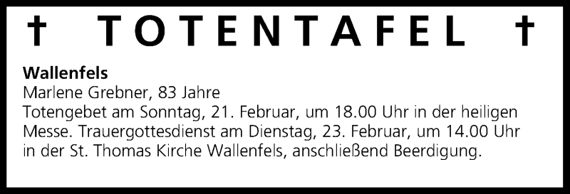  Traueranzeige für Totentafel vom 20.02.2016 vom 20.02.2016 aus MGO