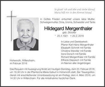 Anzeige von Hildegard Mergenthaler von MGO