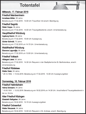 Anzeige von Totentafel vom 17.02.2016 von MGO