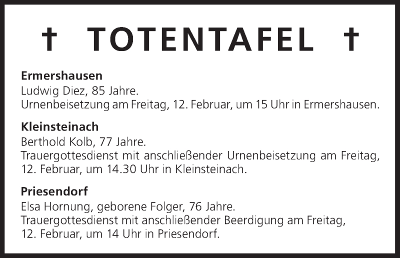  Traueranzeige für Totentafel vom 11.02.2016 vom 11.02.2016 aus MGO