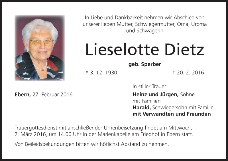 Traueranzeige für Lieselotte Dietz vom 27.02.2016 aus MGO