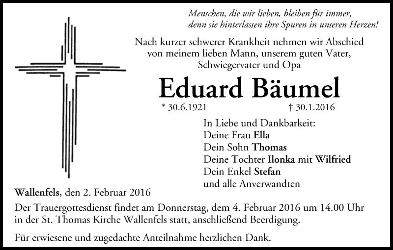  Traueranzeige für Eduard Bäume vom 02.02.2016 aus MGO