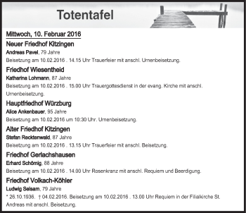 Anzeige von Sterbetafel vom 09.02.2016 von MGO