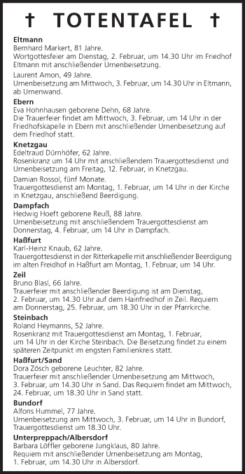 Anzeige von Totentafel vom 01.02.2016 von MGO