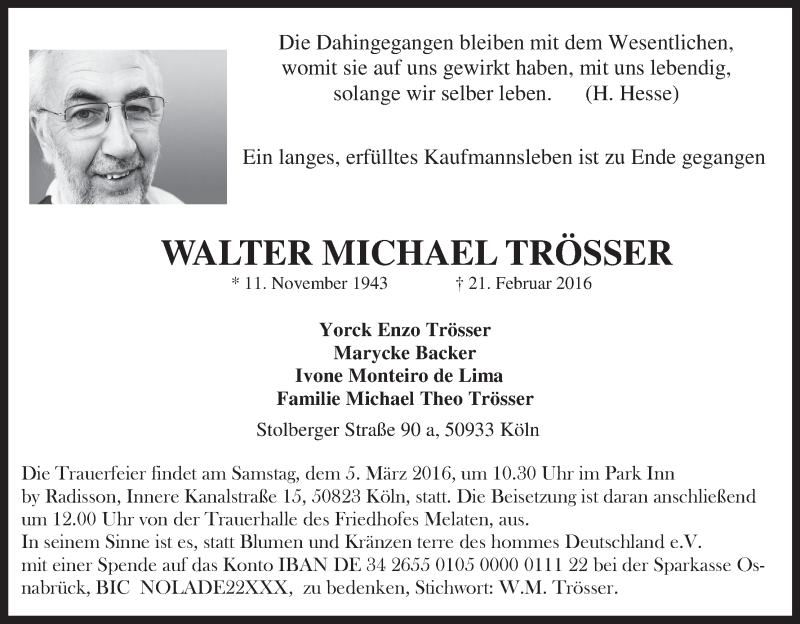  Traueranzeige für Walter Michael Trösser vom 27.02.2016 aus MGO