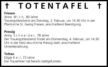 Anzeige von Totentafel vom 02.02.2016 von MGO