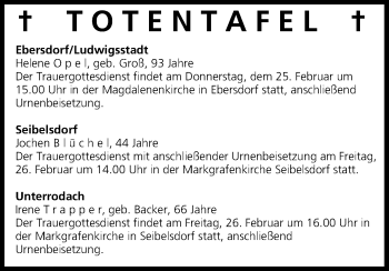 Anzeige von Totentafel vom 25.02.2016 von MGO